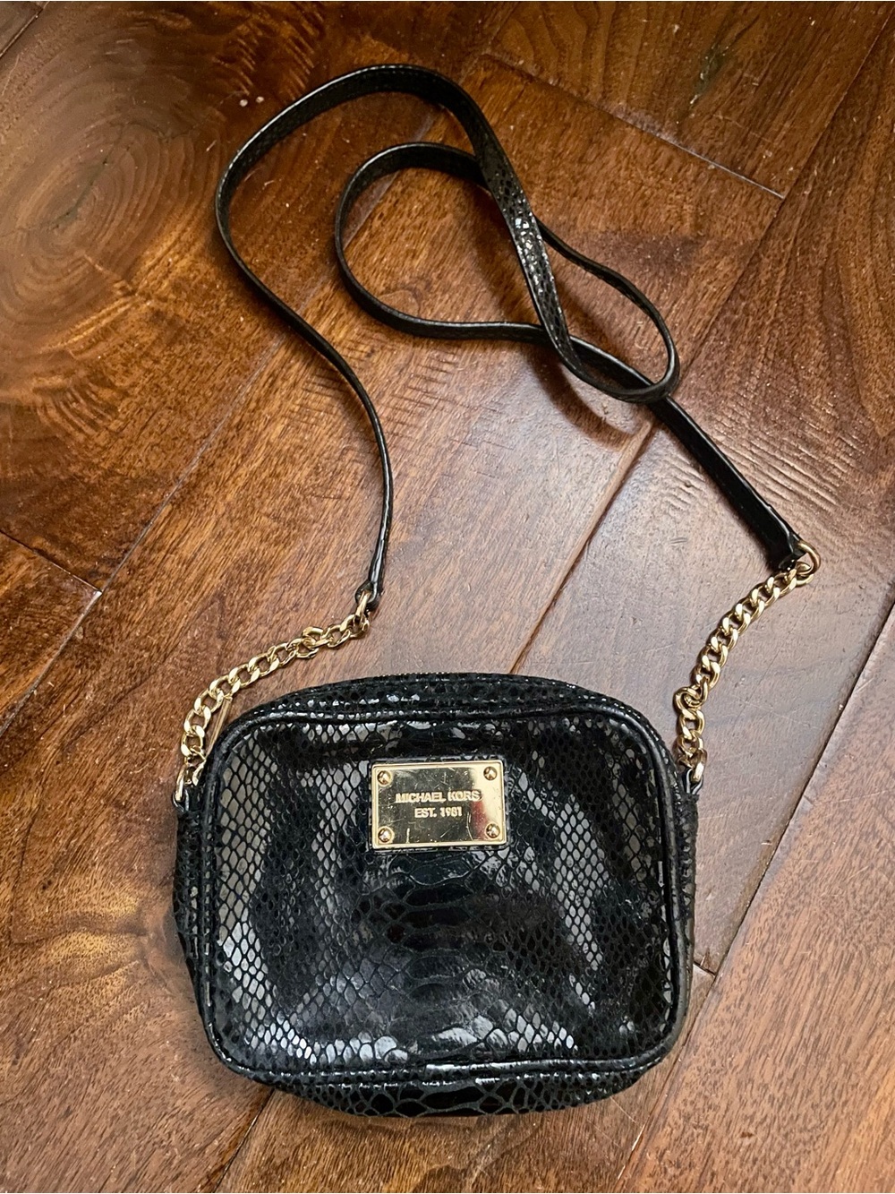 Michael Kors Black Snake-Embossed Crossbody with Gold Hardware